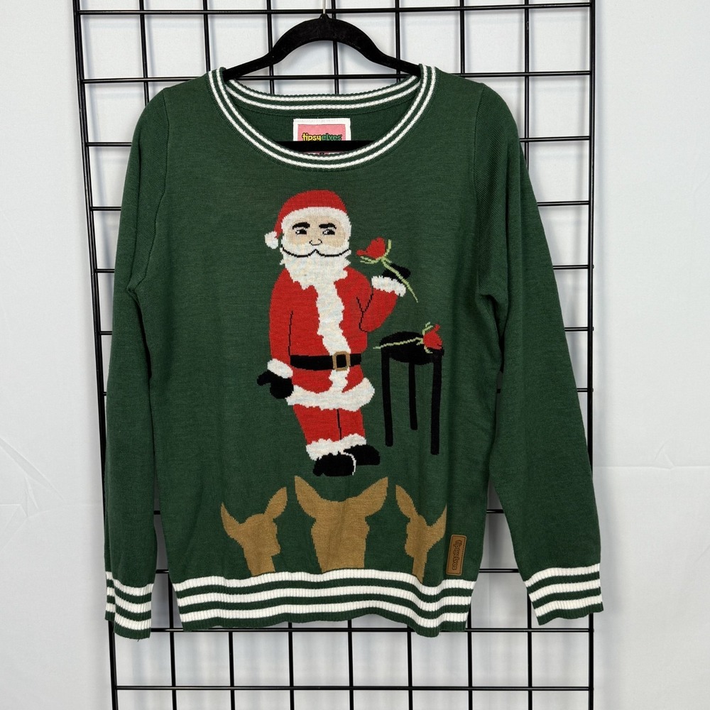 Tipsy Elves Santa Rose Ceremony Sweater Mens M Medium Green Ugly Christmas Tacky